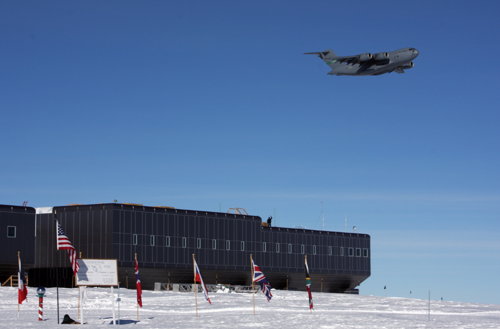 C-17 flies over South Pole Station.